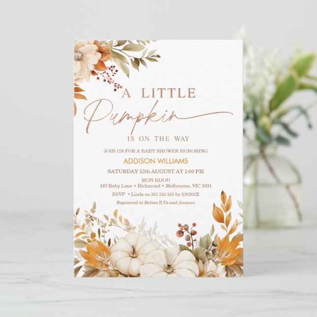 Invitation Automne Orange Floral Petit Baby shower Citrouille (Debout devant)