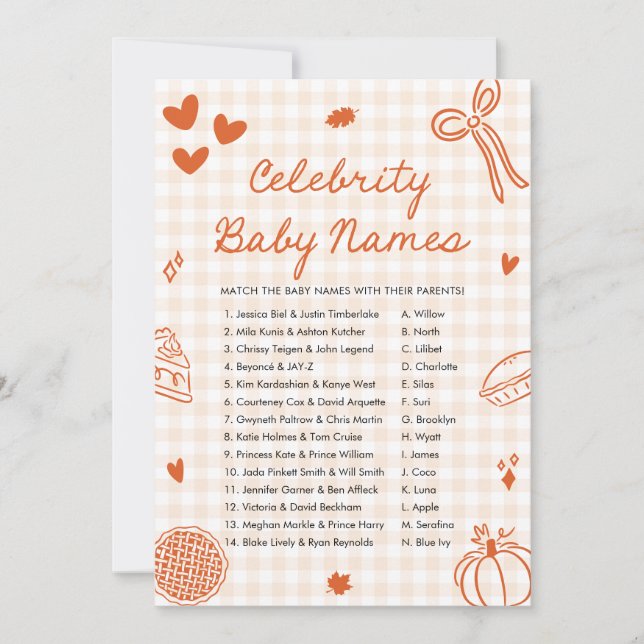 Invitation Automne Orange Main Drawn Celebrity Baby Name Jeu (Devant)