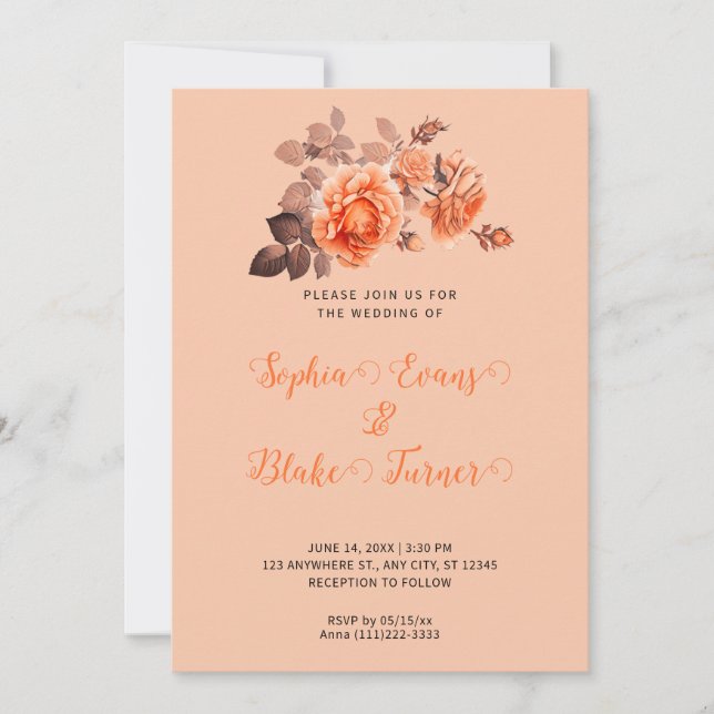 Invitation Automne Orange Roses Bouquet Peach Mariage (Devant)