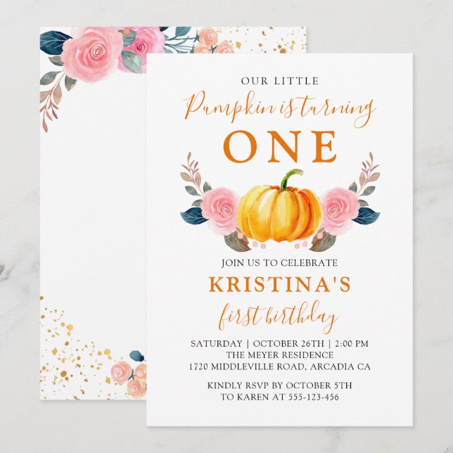 Invitation Automne Petit Citrouille rose Floral Premier Anniv (Devant / Derrière)