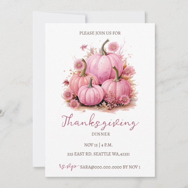 Invitation Automne Pink Citrouilles Thanksgiving Dîner (Devant)