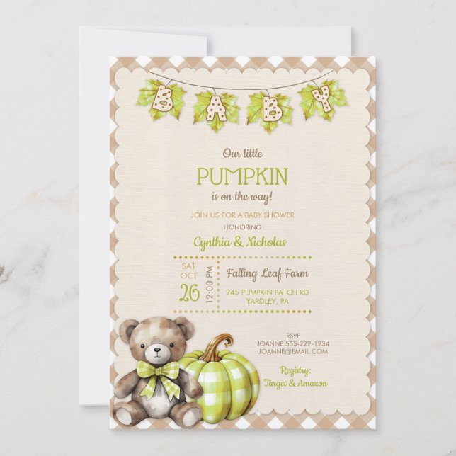 Invitation Automne Plaid Teddy Bear Citrouille Feuilles (Devant)