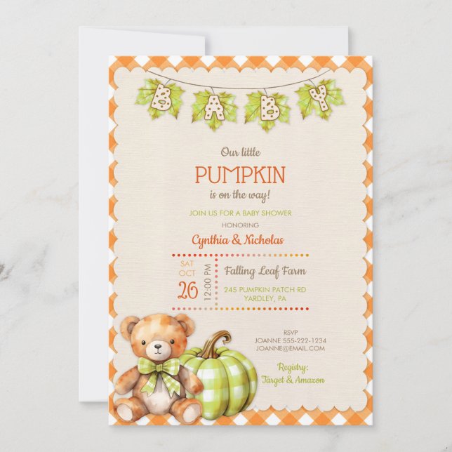 Invitation Automne Plaid Teddy Bear Citrouille Feuilles (Devant)