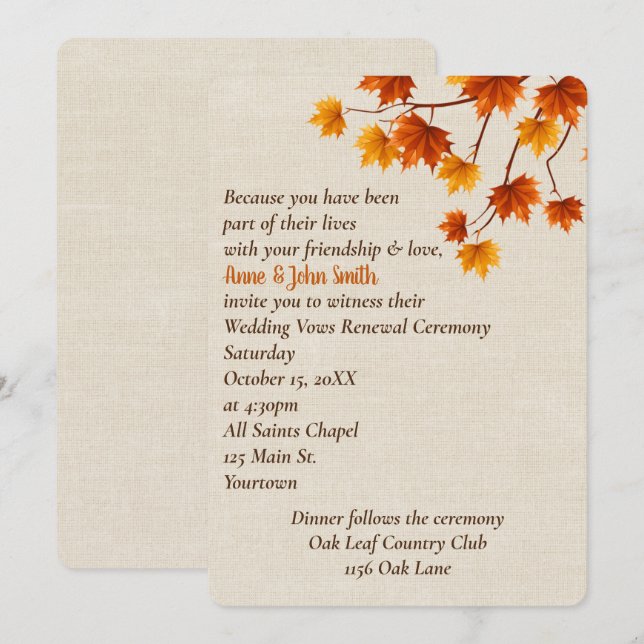 Invitation Automne quitte le renouvellement Vow Mariage (Devant / Derrière)