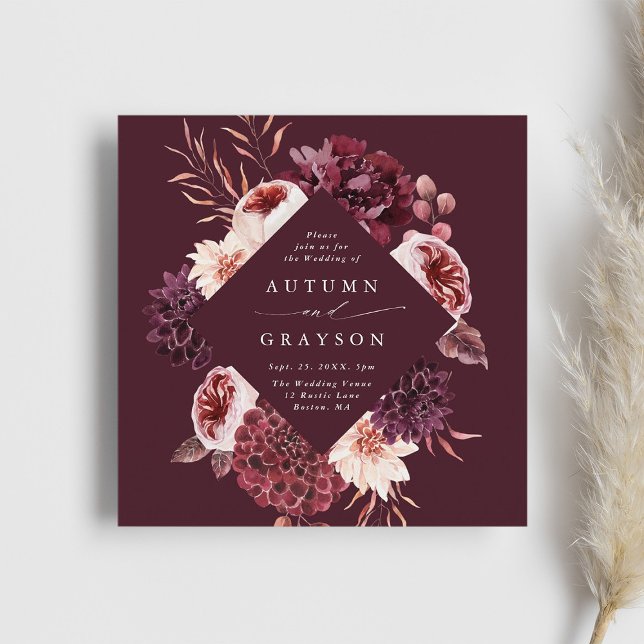 Invitation Automne Romance Bourgogne Aquarelle Mariage Carré (Créateur téléchargé)