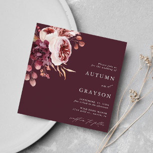 Invitation Automne Romance Bourgogne Floral Mariage Carré