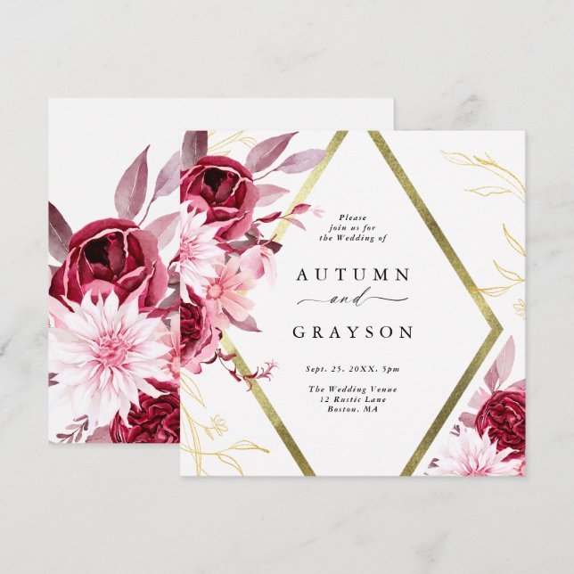 Invitation Automne Romance Gold Frame Floral Mariage (Devant / Derrière)