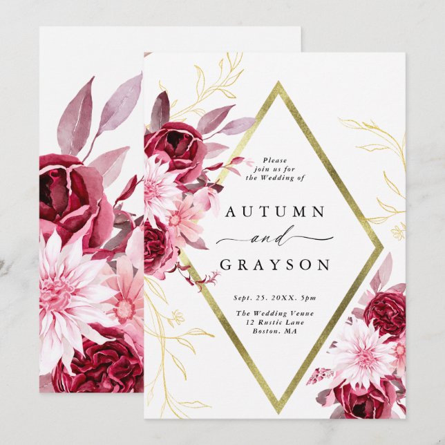 Invitation Automne Romance Gold Frame Floral Mariage (Devant / Derrière)
