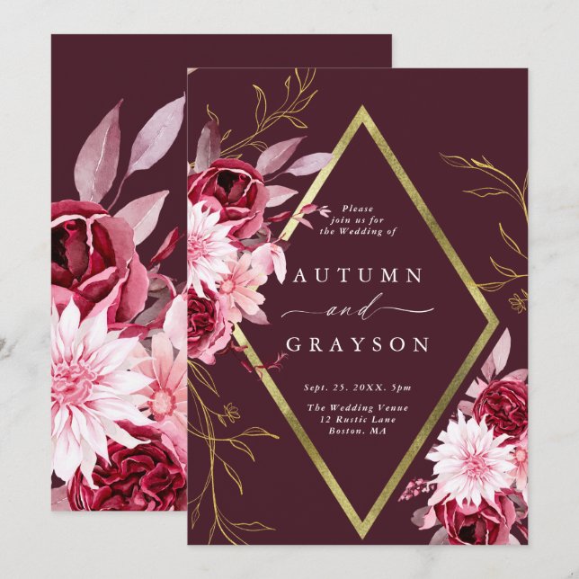 Invitation Automne Romance Gold Frame Floral Mariage (Devant / Derrière)