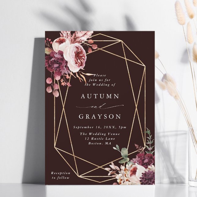 Invitation Automne Romance Or Géométrique Bourgogne Mariage (Créateur téléchargé)