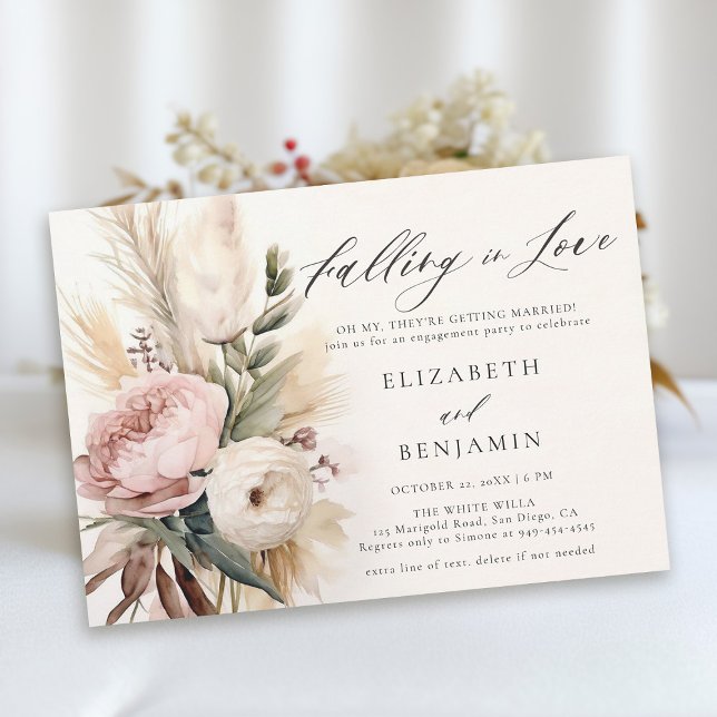 Invitation Automne Romantique Peony Rose Pampas (fall engagement party invitation falling in love peony pampas boho rust burnt orange watercolor chic)