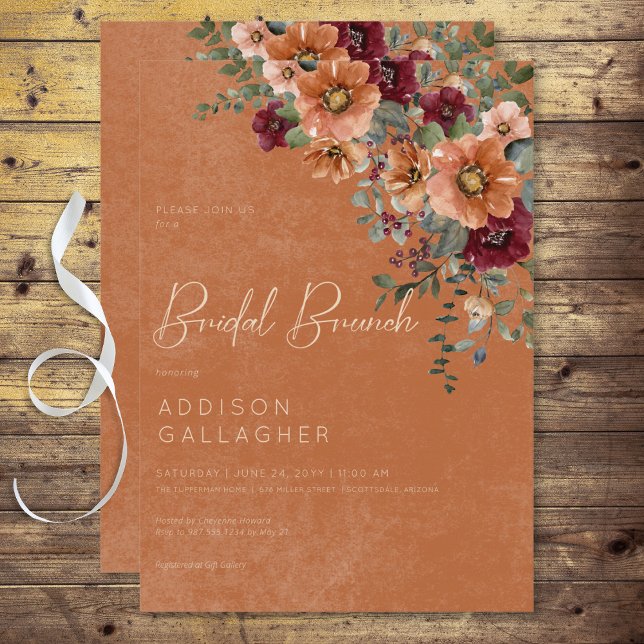 Invitation Automne Rouille Rustique & Vin Floral Bridal Brunc (Fall Rustic Rust & Wine Floral Bridal Brunch Invitation)