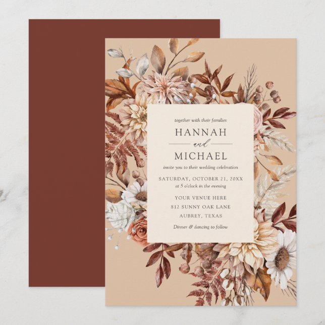 Invitation Automne Rustique Automne Floral Feuille Mariage (Devant / Derrière)