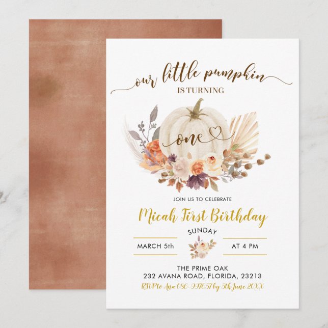 Invitation Automne Rustique Boho Citrouille Premier anniversa (Devant / Derrière)