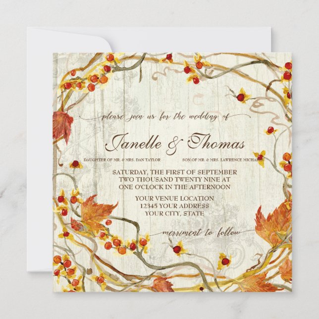 Invitation Automne Rustique Élégant Bois Joli Boho Woods Mari (Devant)
