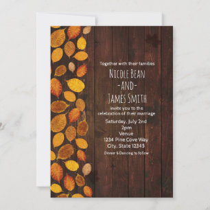 Invitation Automne Rustique Feuilles Dorées & Mariage en Bois