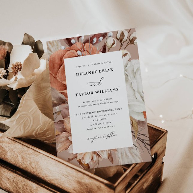 Invitation Automne Rustique Floral, Mariage Rose doux (Autumn Beauty: Watercolor Blooms and Fall Leaves )