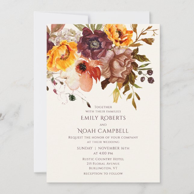 Invitation Automne Rustique Plum Orange Floral (Devant)