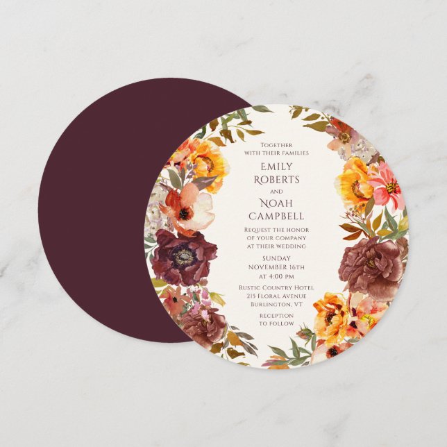 Invitation Automne Rustique Plum Orange Floral Mariage (Devant / Derrière)
