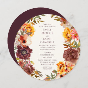 Invitation Automne Rustique Plum Orange Floral Mariage