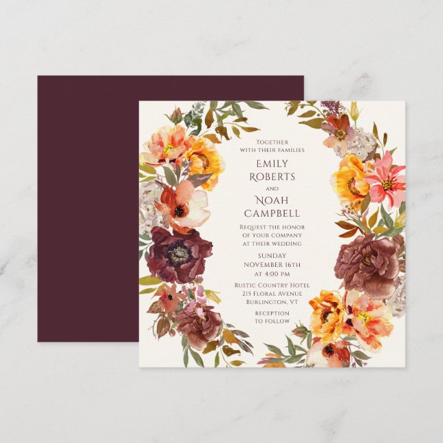 Invitation Automne Rustique Plum Orange Floral Mariage (Devant / Derrière)