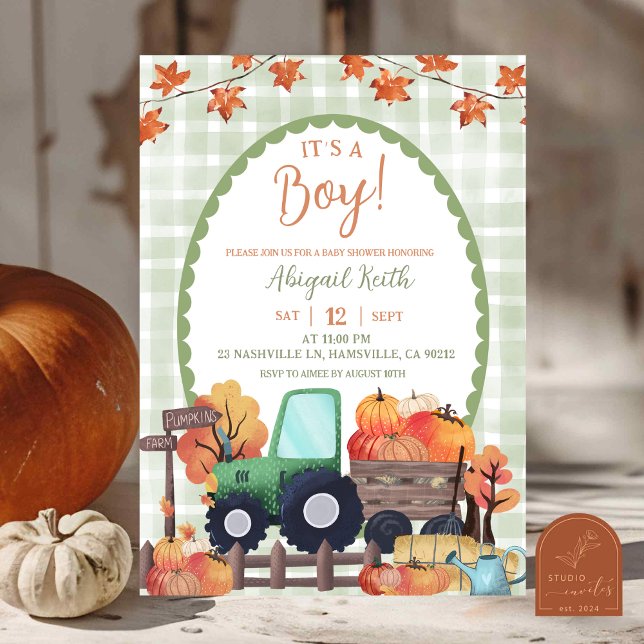 Invitation Automne Sage Green Citrouille Tracteur Baby shower (Créateur téléchargé)