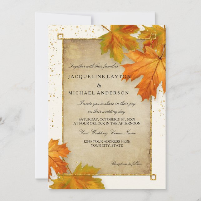 Invitation Automne Tomber Feuilles Feuilles Élégant Mariage (Devant)