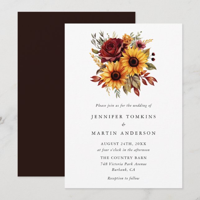 Invitation Automne Tournesol Rouge Rose Mariage Floral (Devant / Derrière)