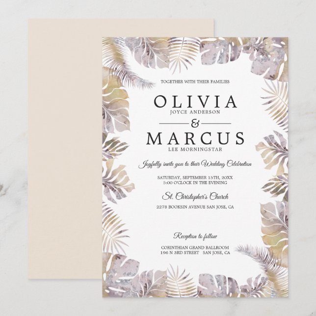 Invitation Automne Tropique Feuille Aquarelle Mariage Mauve G (Devant / Derrière)