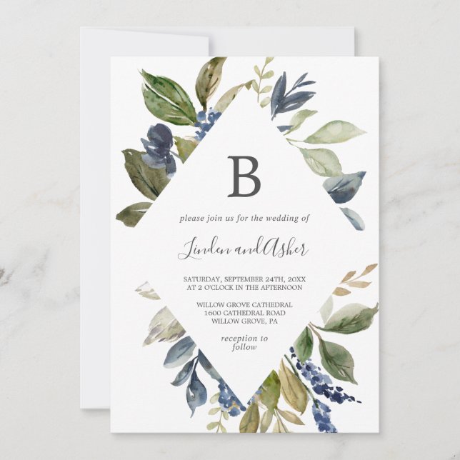 Invitation Automne Verdure Diamant Monogramme Mariage (Devant)