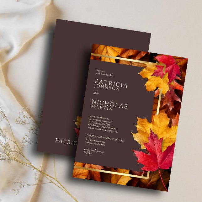 Invitation Automne Woody Brown & Elegant Golden Frame Mariage (Créateur téléchargé)