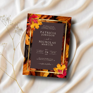 Invitation Automne Woody Brown & Elegant Golden Frame Mariage