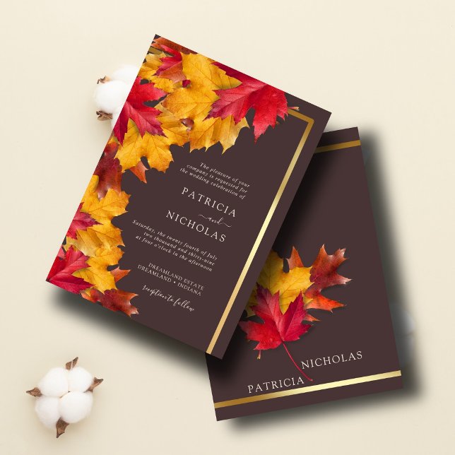 Invitation Automne Woody Brown & Elegant Golden Frame Mariage (Créateur téléchargé)