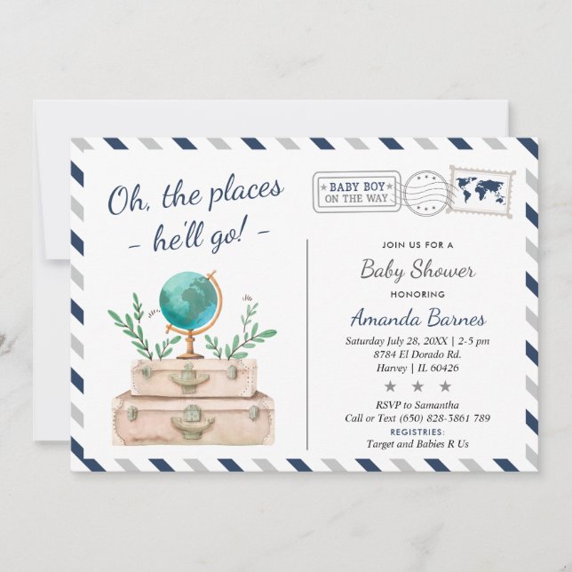 Invitation Autour du monde Voyage Aventure bébé garçon douche (Devant)