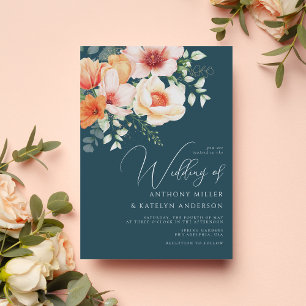 Invitation Autumn Blush Peach Coral Turquoise Blue Floral Mar