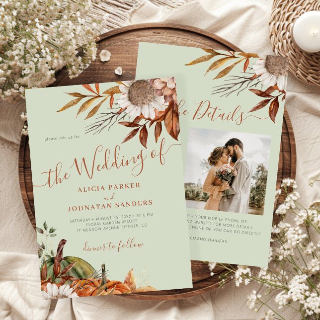 Invitation Autumn fall botanical sage green QR code wedding (Créateur téléchargé)