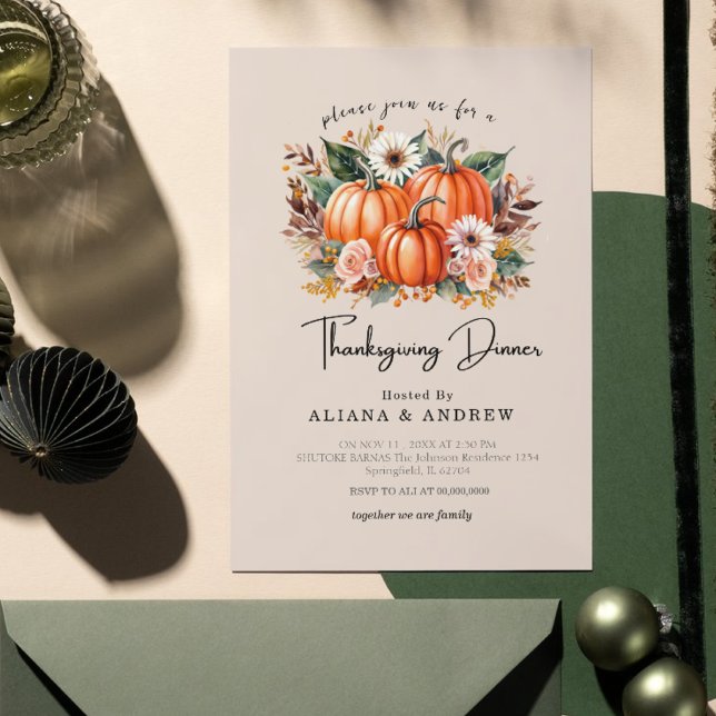 Invitation Autumn Floral Pumpkin Thanksgiving Dinner  (Créateur téléchargé)