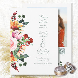Invitation Autumn Floral Watercolor Save the Date Wedding 