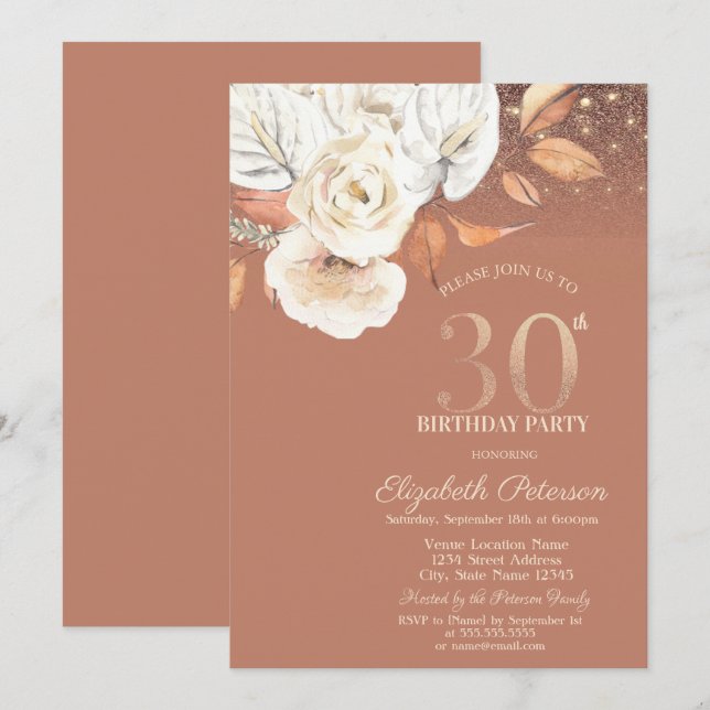 Invitation Autumn Flowers Lights Glitter 30th Birthday (Devant / Derrière)