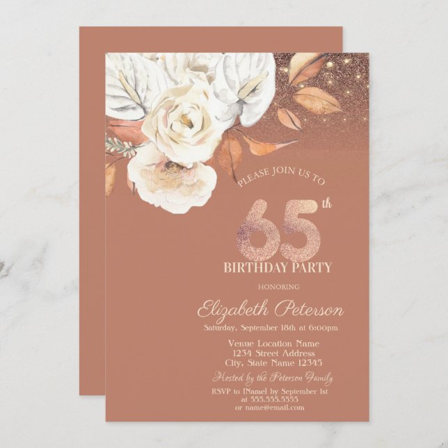 Invitation Autumn Flowers Lights Glitter 65th Birthday (Devant / Derrière)