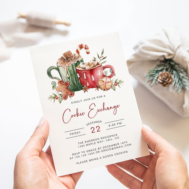 Invitation aux Fêtes de l'Échange de Biscuits (Cookie Exchange Christmas Invitation | Watercolor Cookies & Cocoa Holiday Party by Painted Paperie
)