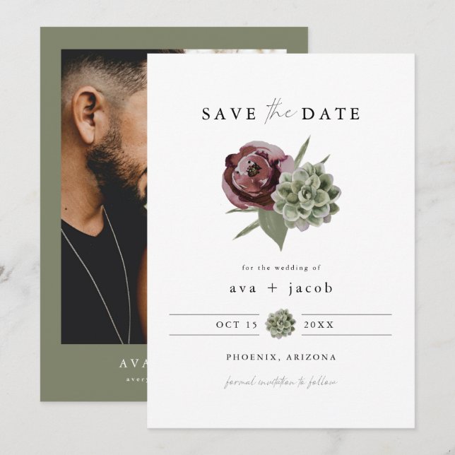 Invitation AVA Burgundy Floral Succulent Desert Enregistrer l (Devant / Derrière)