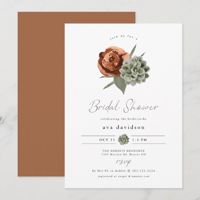 Invitation AVA Terracotta Floral Succulent Fête des mariées a (Devant / Derrière)
