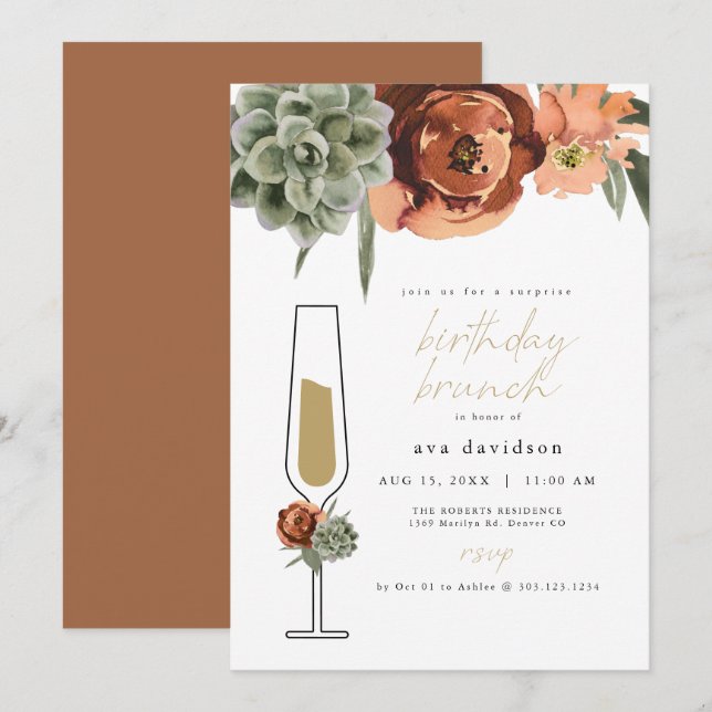 Invitation AVA Terracotta Succulent Anniversaire Brunch (Devant / Derrière)