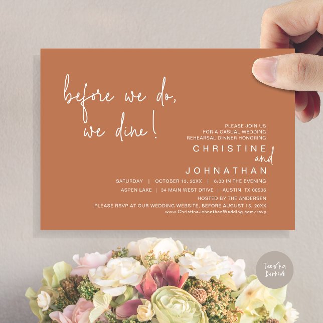 Invitation Avant De Diner, Dîner De Répétition, Vert Sage (Before We Do, We Dine, Wedding Rehearsal Dinner Invitation Card, PDF, in Copper Rust)