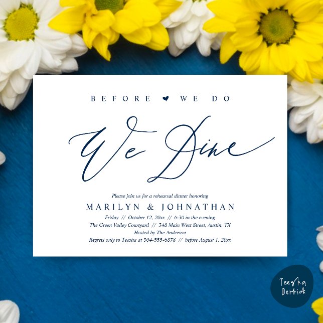Invitation Avant de dîner, on dîne, Dîner de répétition Maria (Before we do, we dine, Modern Wedding Rehearsal Romantic Dinner Invitation Card PDF Navy Blue)