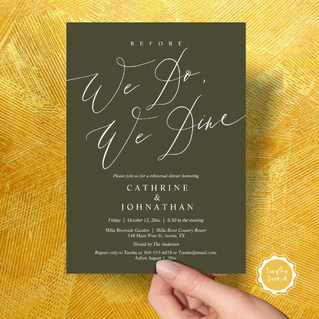 Invitation Avant de dîner, on dîne, Dîner de répétition Maria (Before we do, we dine, modern romantic wedding rehearsal dinner invitation card, pdf, in Olive Green)