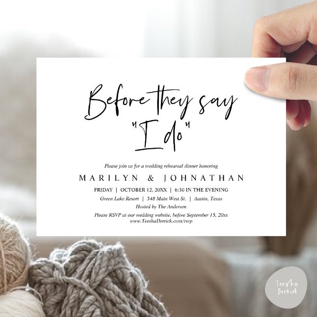 Invitation Avant De Dire "Je Le Fais", Dîner De Répétition Ma (Before They Say "I Do", Wedding Rehearsal Dinner Party Invitation Card, PDF, White Black)