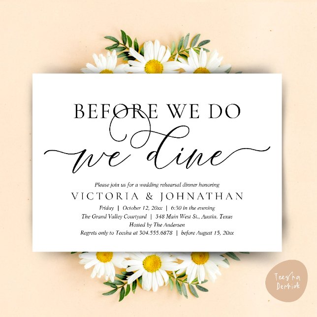 Invitation Avant De Le Faire, Nous Dînons, Dîner De Répétitio (Before We Do, We Dine,  Wedding Rehearsal Dinner Party Classy Romantic Invites Card PDF White Black)