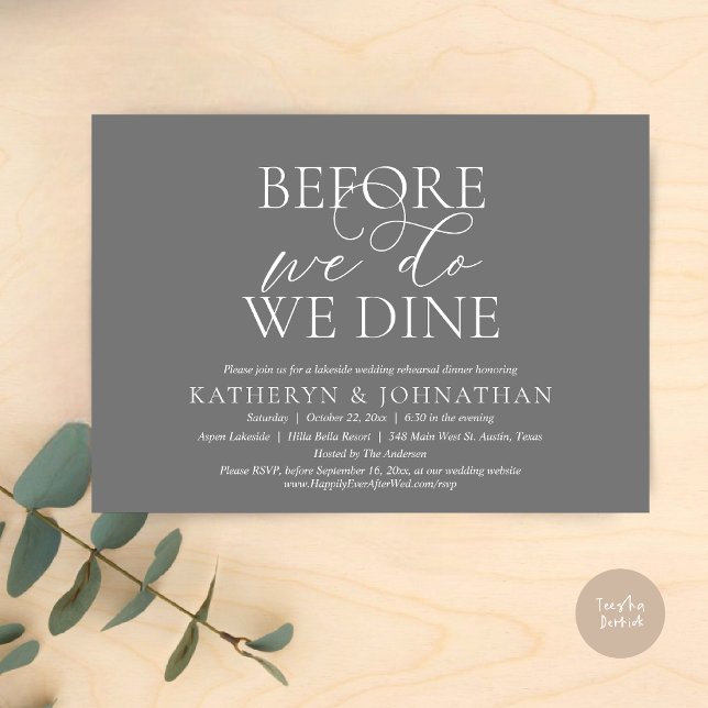 Invitation Avant De Le Faire, Nous Dînons, Dîner De Répétitio (Before We Do, We Dine, Wedding Rehearsal Dinner Invitation Card, PDF, in Romantic Script, Dark Grey)